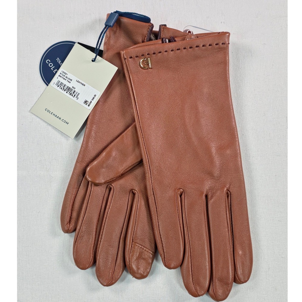 Cole Haan Women Glove Large British Tan Leather Stud Touchscreen 100521 NWT - Picture 2 of 9